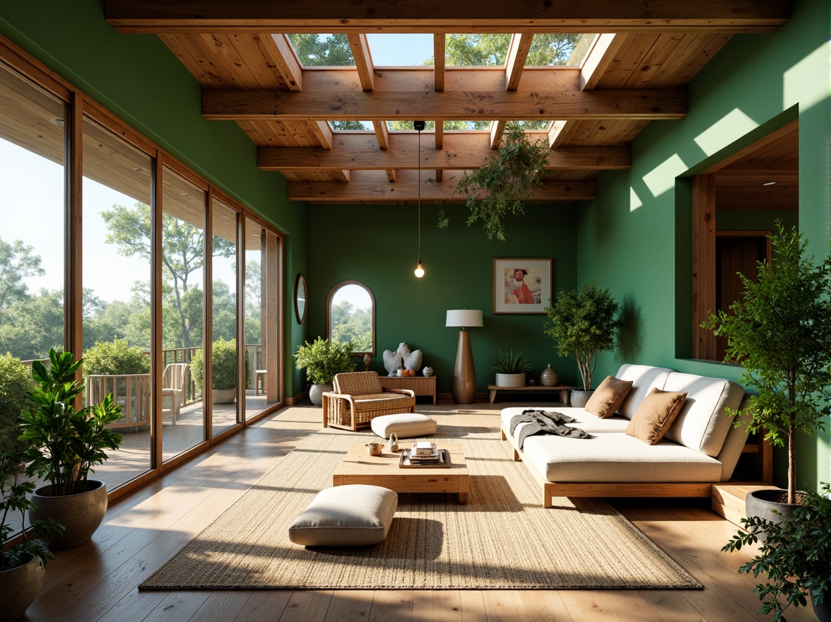 Prompt: Vibrant green walls, lush indoor plants, reclaimed wood accents, earthy tone color palette, floor-to-ceiling windows, sliding glass doors, open-plan living space, minimalist decor, natural textiles, woven bamboo flooring, rustic wooden beams, abundant skylights, soft warm ambiance, gentle daylight, subtle shadows, 1/1 composition, panoramic view, realistic materials, ambient occlusion.