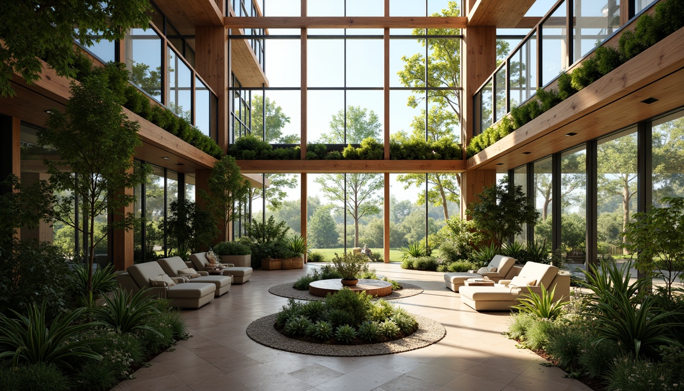 Prompt: Large open windows, natural light, cross ventilation, air circulation, green walls, living roofs, solar chimneys, wind catchers, breathable materials, recycled insulation, energy-efficient systems, passive design strategies, climate-responsive architecture, airy atriums, lush indoor gardens, tropical plants, warm wooden accents, soft diffused lighting, shallow depth of field, 1/1 composition, realistic textures, ambient occlusion.