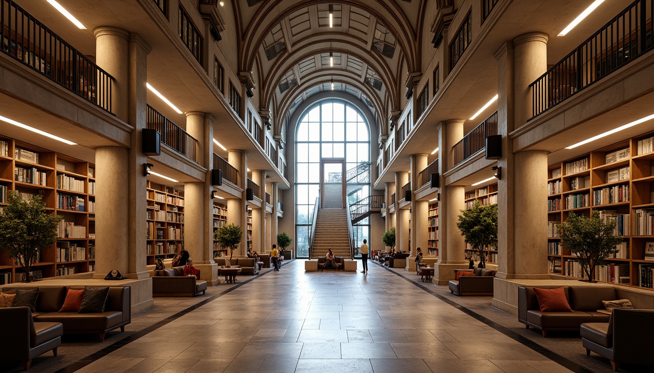 Prompt: Elegant library interior, symmetrical architecture, neoclassical style, grand entrance hall, sweeping staircases, ornate balconies, high ceilings, marble floors, intricate moldings, ornamental columns, classical arches, vaulted roofs, natural light, soft warm illumination, subtle color palette, rich wood paneling, comfortable seating areas, spacious reading rooms, quiet atmosphere, scenic views, urban surroundings, 1/1 composition, shallow depth of field, realistic textures, ambient occlusion.