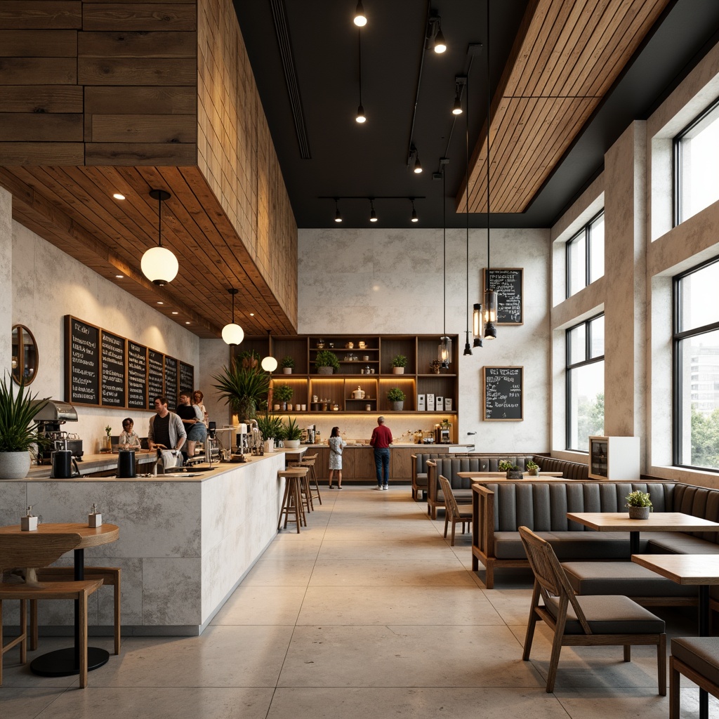 Prompt: Modern coffee shop, limestone walls, industrial chic decor, reclaimed wood accents, polished concrete floors, minimalist lighting fixtures, comfortable seating areas, cozy atmosphere, natural textures, earthy tones, warm beige colors, softbox lighting, shallow depth of field, 1/1 composition, realistic renderings, ambient occlusion.