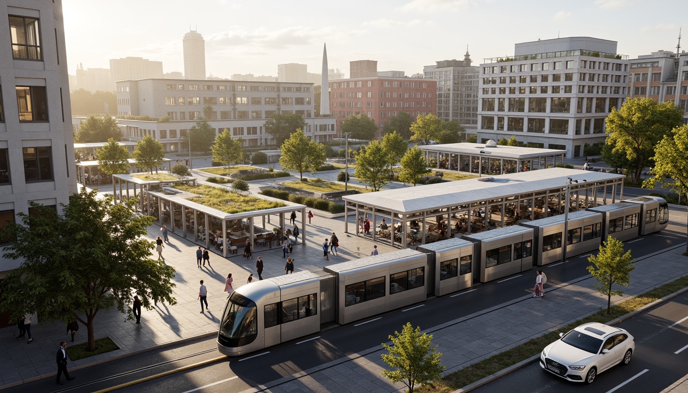 Prompt: Modern tram station, eco-friendly materials, green roofs, solar panels, wind turbines, water conservation systems, natural ventilation, energy-efficient lighting, minimalist design, sleek metal structures, glass facades, urban landscape, bustling streets, morning commute, soft warm lighting, shallow depth of field, 3/4 composition, panoramic view, realistic textures, ambient occlusion.