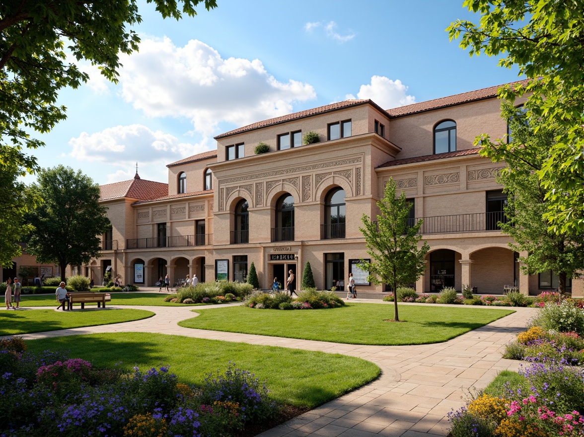 Prompt: Byzantine-style middle school building, lush green lawns, vibrant flowers, ornate stone carvings, arched windows, domed rooftops, intricately patterned brickwork, mature trees, meandering walkways, rustic benches, educational signage, natural stone walls, warm sunny day, soft diffused lighting, shallow depth of field, 3/4 composition, panoramic view, realistic textures, ambient occlusion.Let me know if this meets your requirements!