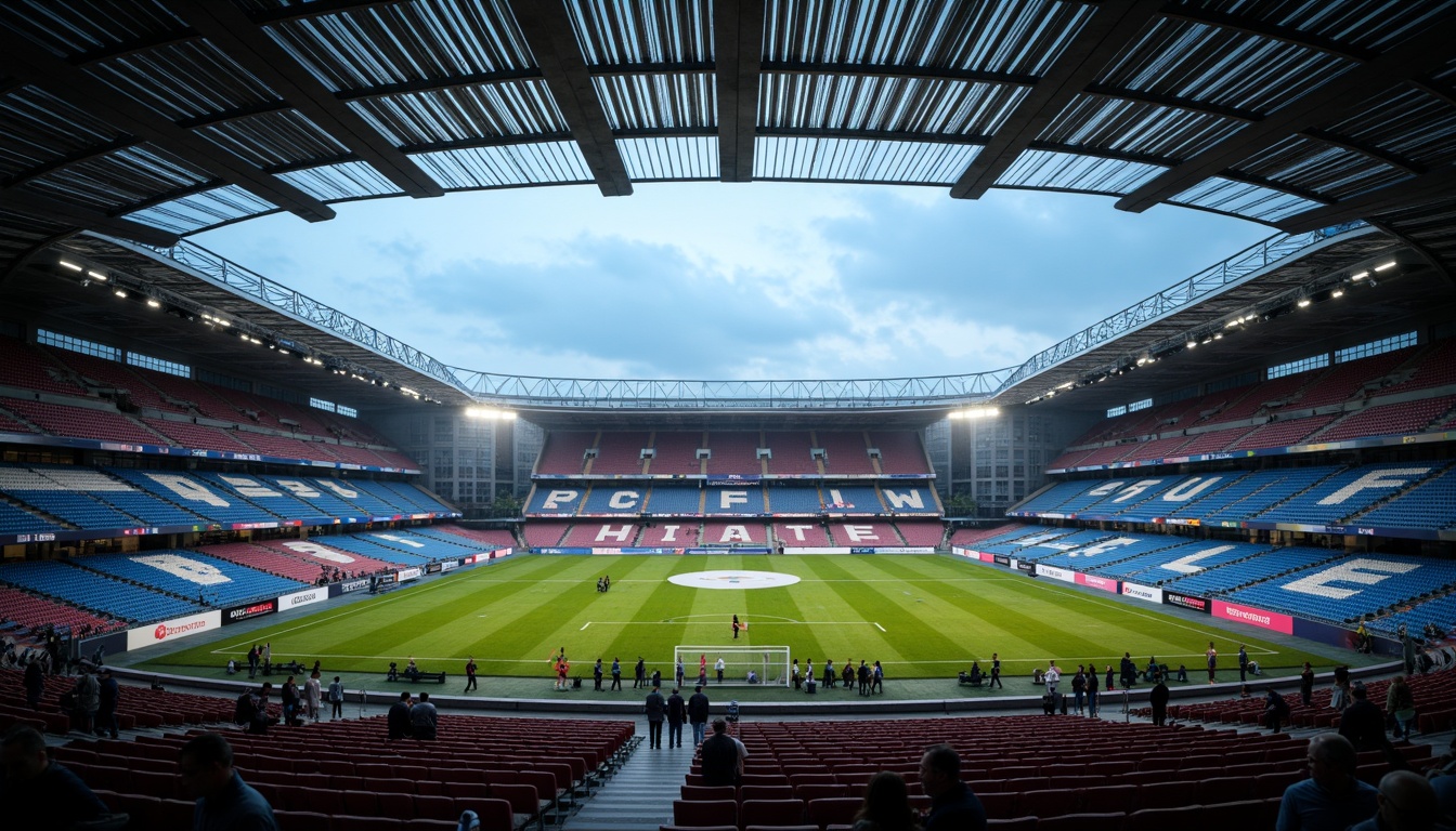 Prompt: Dramatic football stadium, structuralist architecture, cantilevered roofs, angular lines, bold geometric shapes, reinforced concrete structures, steel beams, sleek metal cladding, dynamic curvature, vibrant team colors, floodlights, evening atmosphere, misty ambiance, shallow depth of field, 3/4 composition, panoramic view, realistic textures, ambient occlusion.