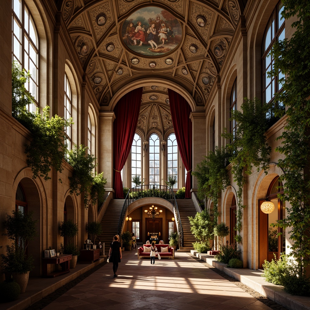 Prompt: Grandiose palaces, ornate Gothic spires, majestic Renaissance arches, intricate Baroque ornaments, mysterious medieval ruins, rustic stone walls, vines-covered turrets, grand staircases, lavish chandeliers, velvet drapes, rich tapestries, ornate frescoes, dramatic lighting, warm golden hues, nostalgic atmosphere, 3/4 composition, symmetrical framing, soft focus, romantic ambiance.