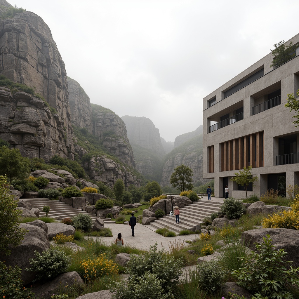 Prompt: Rugged natural terrain, rocky outcrops, wildflower meadows, tiered seating areas, brutalist concrete structures, angular geometric forms, raw unfinished textures, monumental staircases, dramatic cantilevered roofs, imposing architectural masses, earthy color palette, overcast skies, soft diffused lighting, atmospheric mist effects, 1/2 composition, symmetrical framing, realistic rock formations, ambient occlusion.