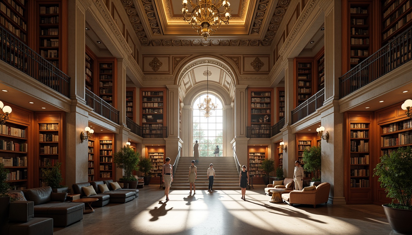 Prompt: Grandiose library entrance, symmetrical facade, neoclassical columns, ornate details, grand staircase, sweeping archways, high ceilings, marble floors, elegant chandeliers, floor-to-ceiling bookshelves, rich wood paneling, comfortable reading nooks, natural light pouring in, soft warm glow, subtle shadows, 1/2 composition, harmonious color palette, intricate moldings, ornate ceiling decorations, vintage furniture pieces, classic literature displays, peaceful atmosphere, morning sunlight, shallow depth of field.