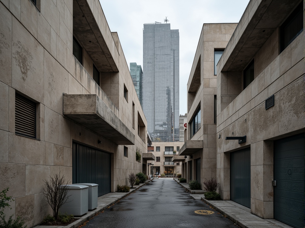 Prompt: Monochromatic brutalist architecture, raw concrete textures, industrial-style pipes, exposed ductwork, rugged stone walls, bold geometric shapes, minimalist color palette, muted earth tones, cold grayish-blue hues, warm beige accents, dramatic lighting contrasts, deep shadows, high-contrast photography, urban cityscape background, overcast sky, strong diagonal composition, 1-point perspective, cinematic atmosphere, realistic renderings.