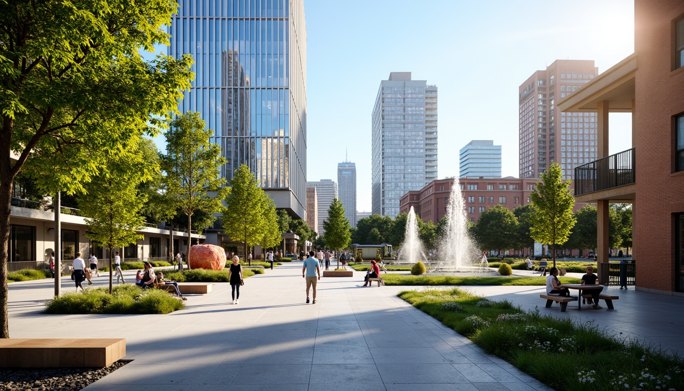 Prompt: Vibrant public plaza, lush greenery, modern street furniture, pedestrian walkways, urban skyscrapers, glass canopies, natural stone pavers, dynamic water features, interactive art installations, blooming flowerbeds, warm sunny day, soft diffused lighting, shallow depth of field, 3/4 composition, panoramic view, realistic textures, ambient occlusion.