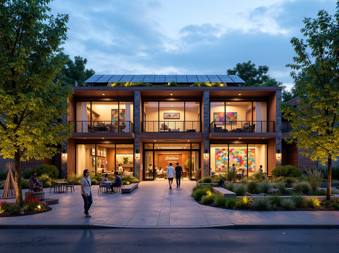 Prompt: Vibrant community center, modern pub facade, warm lighting, inviting entrance, wooden accents, natural stone walls, green roof, solar panels, communal outdoor spaces, public art installations, playful murals, colorful street furniture, lively atmosphere, shallow depth of field, 1/1 composition, panoramic view, realistic textures, ambient occlusion.