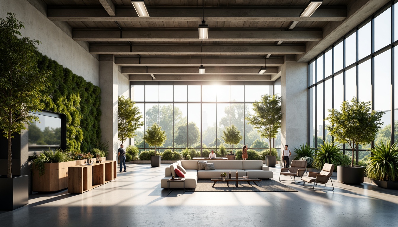 Prompt: Modern open-plan office, minimalist decor, sleek metallic accents, floor-to-ceiling windows, natural light, collaborative workspaces, ergonomic furniture, green walls, living plants, calming ambiance, soft warm lighting, shallow depth of field, 3/4 composition, panoramic view, realistic textures, ambient occlusion.