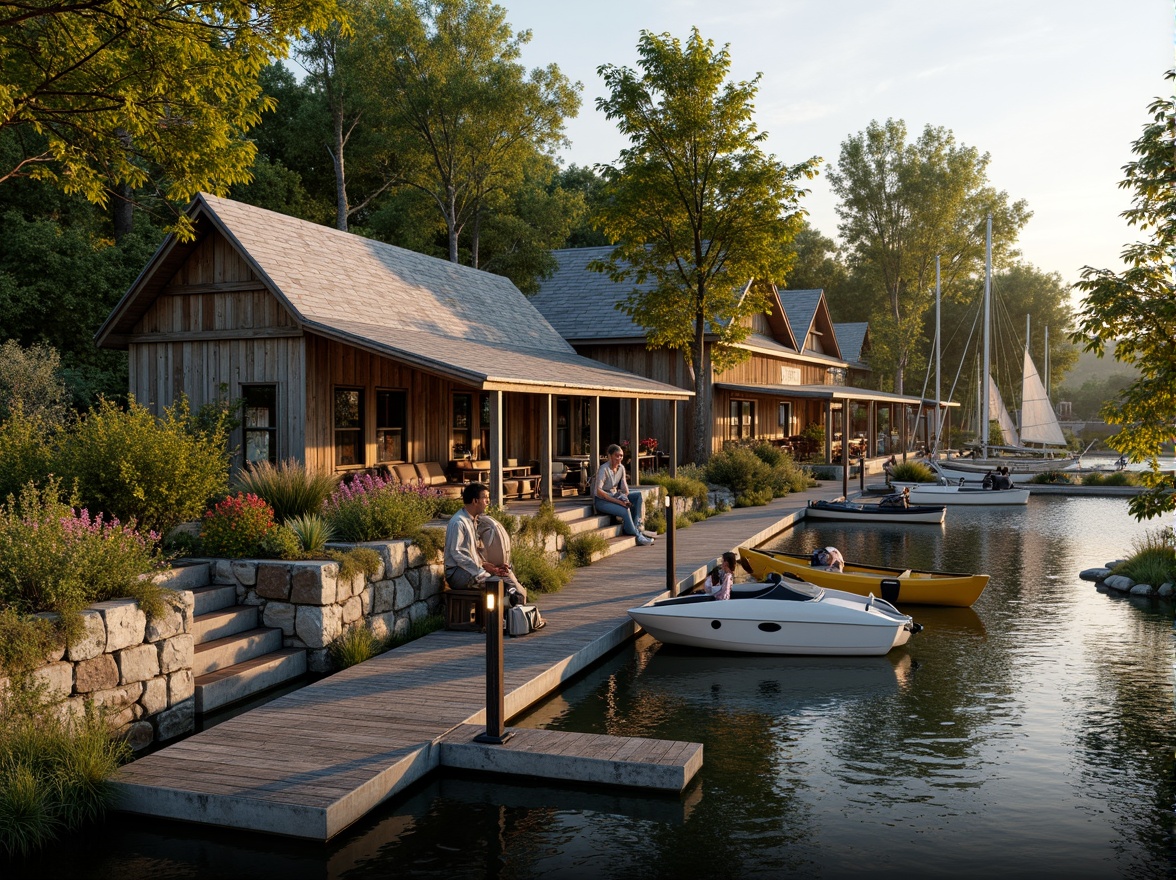 Prompt: Rustic boathouse, wooden dock, serene lake surroundings, lush greenery, vibrant flowers, natural stone walls, weathered wood accents, nautical decorations, sailboats, canoes, kayaks, fishing nets, tranquil atmosphere, warm sunny day, soft golden lighting, shallow depth of field, 3/4 composition, panoramic view, realistic textures, ambient occlusion.