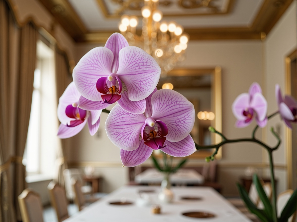 Prompt: Delicate orchid blooms, soft pink petals, velvety purple undertones, creamy whites, warm beige backgrounds, subtle gold accents, ornate metalwork, lavish fabrics, intricate patterns, luxurious textiles, opulent chandeliers, refined interior design, sophisticated color harmony, balanced composition, warm natural lighting, shallow depth of field, 1/2 composition, intimate atmosphere, realistic materials, ambient occlusion.