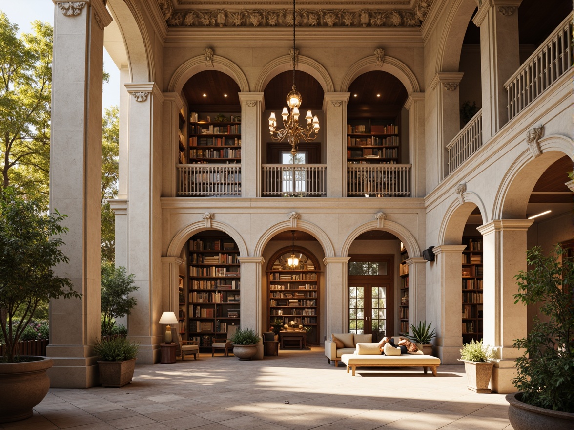 Prompt: Elegant library facade, neoclassical columns, ornate details, grand entrance, symmetrical architecture, limestone walls, rusticated base, arched windows, pedimented roof, carved stone decorations, intricate moldings, classicist motifs, warm beige color scheme, soft natural lighting, high ceilings, ornate chandeliers, wooden bookshelves, comfortable reading areas, quiet atmosphere, shallow depth of field, 2/3 composition, realistic textures, ambient occlusion.