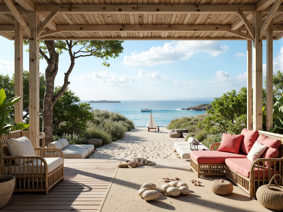 Prompt: Vibrant coastal cottage, driftwood accents, ocean-inspired color palette, soft seafoam green, calming sky blue, warm sandy beige, coral pink, sunny yellow, natural textures, woven rattan furniture, distressed wood finishes, nautical ropes, shells, pebbles, beachy vibe, laid-back atmosphere, serene ocean views, clear blue waters, sailboats, seagulls, cloudy white skies, gentle sea breeze, soft warm lighting, 1/2 composition, intimate framing, realistic renderings.