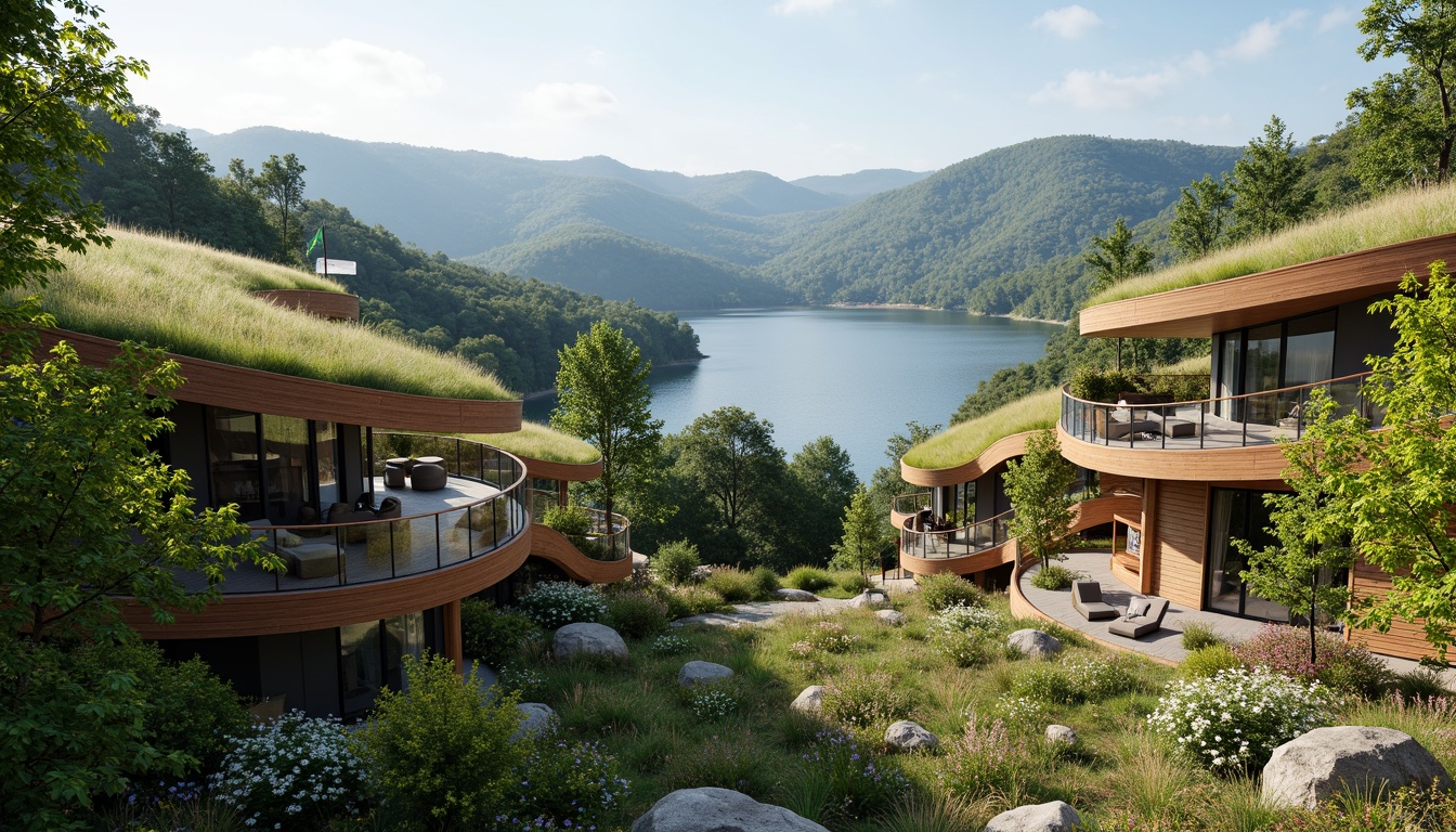 Prompt: Vibrant green roofs, lush vegetation, blooming flowers, natural stone walls, wooden decks, cantilevered structures, modern curved lines, glass railings, scenic viewpoints, rolling hills, serene lakeside, misty mountains, warm sunlight, soft shadows, 3/4 composition, panoramic view, realistic textures, ambient occlusion.