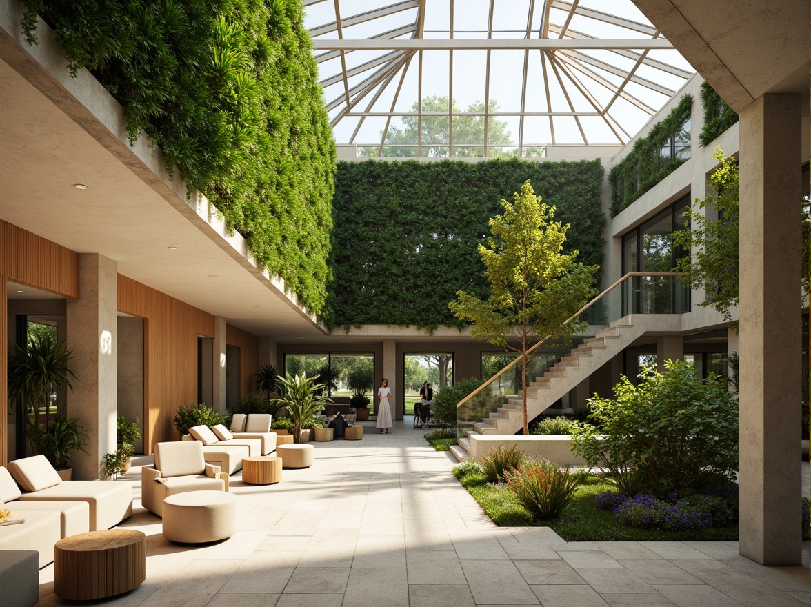 Prompt: Vibrant atrium, lush green walls, natural stone floors, floor-to-ceiling windows, clerestory lighting, skylights, transparent roofs, solar tubes, light shelves, reflective surfaces, minimalist interior design, open floor plans, airy corridors, staircase with glass railings, wooden accents, warm beige tones, soft diffused lighting, 1/1 composition, shallow depth of field, realistic textures, ambient occlusion.