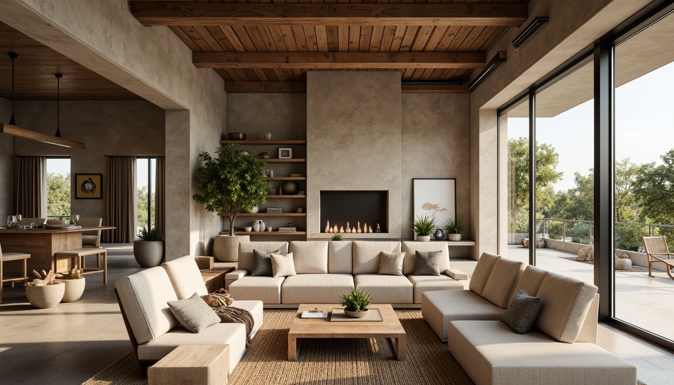 Prompt: Rustic modern villa, plastered concrete walls, earthy tone, natural texture, industrial chic, exposed ductwork, minimalist decor, reclaimed wood accents, metal beams, floor-to-ceiling windows, abundant natural light, warm ambient glow, shallow depth of field, 2/3 composition, realistic render, subtle color palette, organic forms, serene atmosphere.