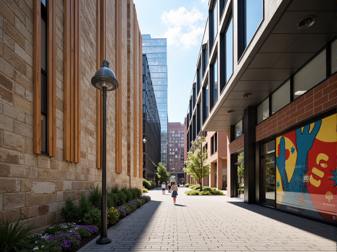 Prompt: Rugged stone walls, smooth wooden accents, rough-hewn concrete columns, glossy metallic facades, transparent glass surfaces, vibrant colorful murals, intricate brick patterns, modern minimalist architecture, urban cityscape, bustling streets, warm sunny day, shallow depth of field, 3/4 composition, realistic textures, ambient occlusion.