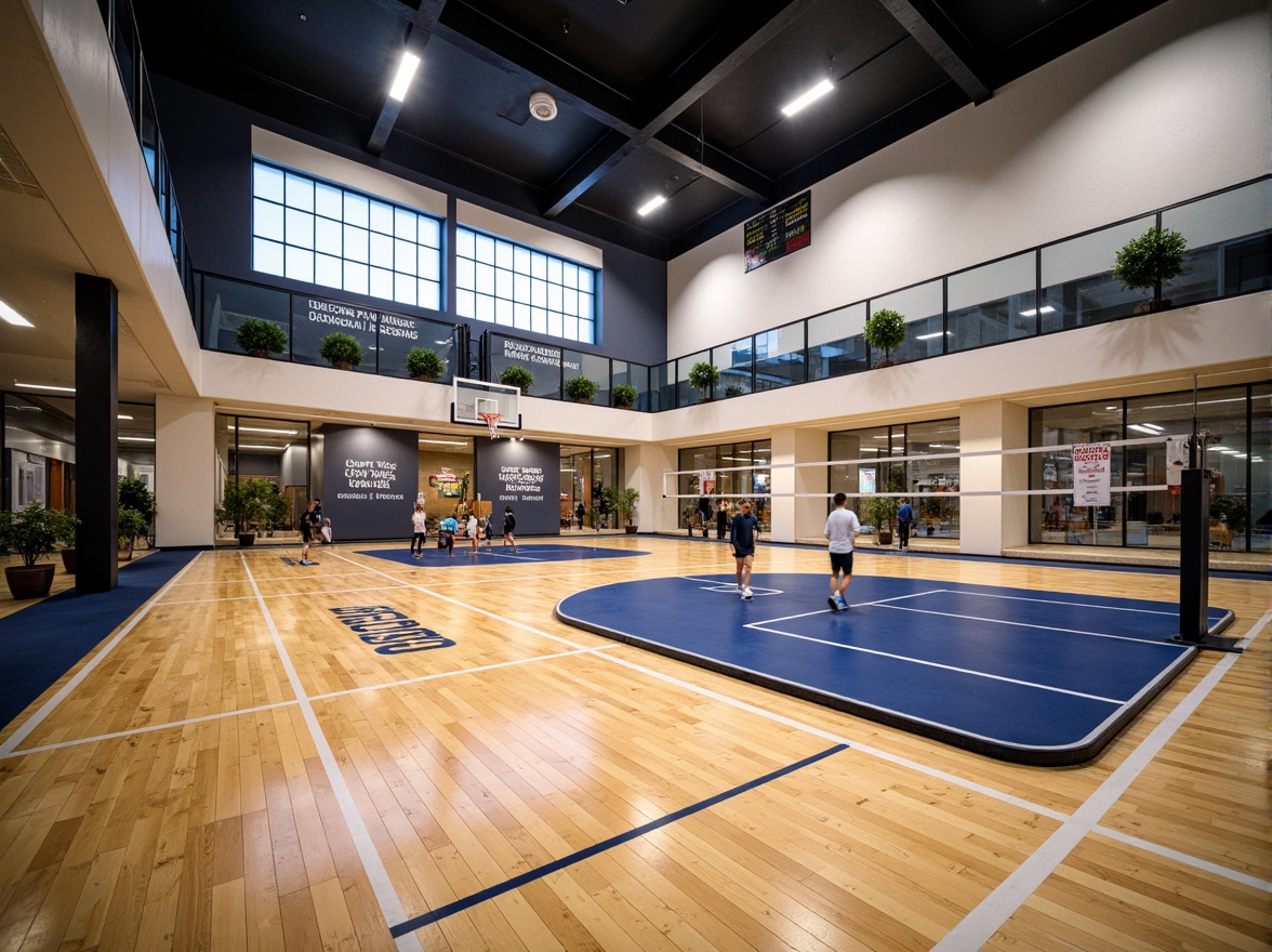 Prompt: Modern gymnasium interior, polished wooden floors, rubber athletic tracks, professional sports equipment, basketball hoops, volleyball nets, soccer goals, gymnastic apparatus, mirrors, sound-absorbing acoustic panels, bright LED lighting, motivational quotes, inspirational wall art, fresh air ventilation systems, shock-absorbing rubber flooring, sturdy steel beams, sleek glass railings, modernistic architecture, natural stone accents, spacious open areas, panoramic windows, soft warm lighting, shallow depth of field, 3/4 composition, realistic textures.