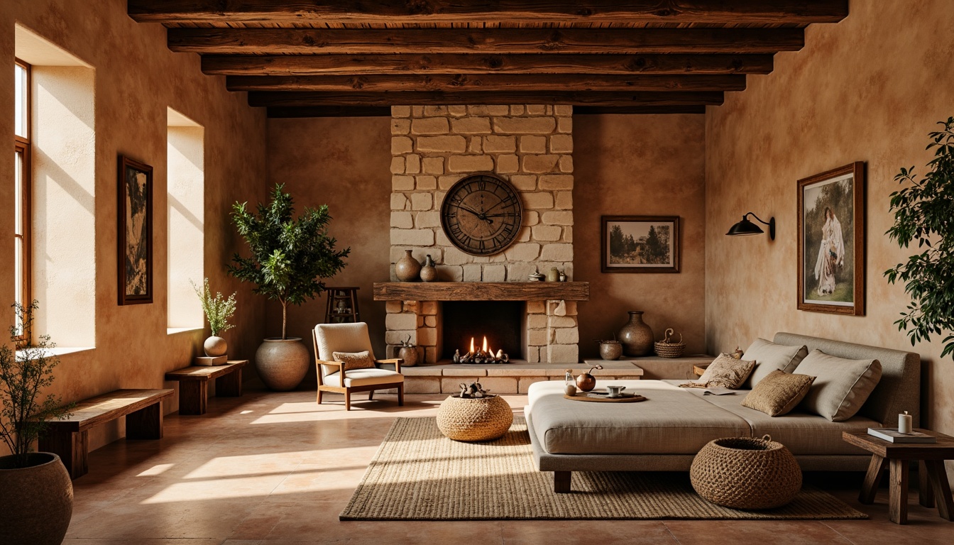 Prompt: Earthy tones, warm sienna hues, rustic textures, vintage architectural details, aged stone walls, distressed wooden accents, soft natural lighting, earthy scent, cozy atmosphere, intimate spaces, eclectic decor, global-inspired patterns, woven textiles, organic shapes, relaxed mood, calming ambiance.