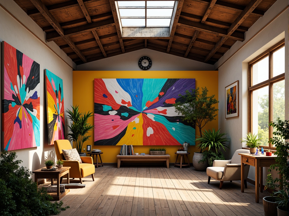 Prompt: Vibrant art studio, eclectic mix of colors, bold brushstrokes, abstract expressionism, textured canvases, modern artistic styles, contrasting hues, bright accent walls, natural wood flooring, industrial metal beams, overhead skylights, dramatic shadowing, warm golden lighting, 1/1 composition, realistic color rendering, ambient occlusion.