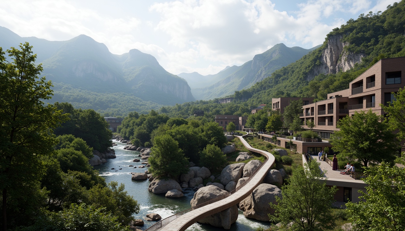 Prompt: Sweeping mountain ranges, lush green forests, meandering rivers, natural rock formations, rustic wooden bridges, stone paved pathways, modern steel structures, cantilevered buildings, angular lines, minimalist design, abundant natural light, soft warm ambiance, shallow depth of field, 3/4 composition, panoramic view, realistic textures, ambient occlusion.