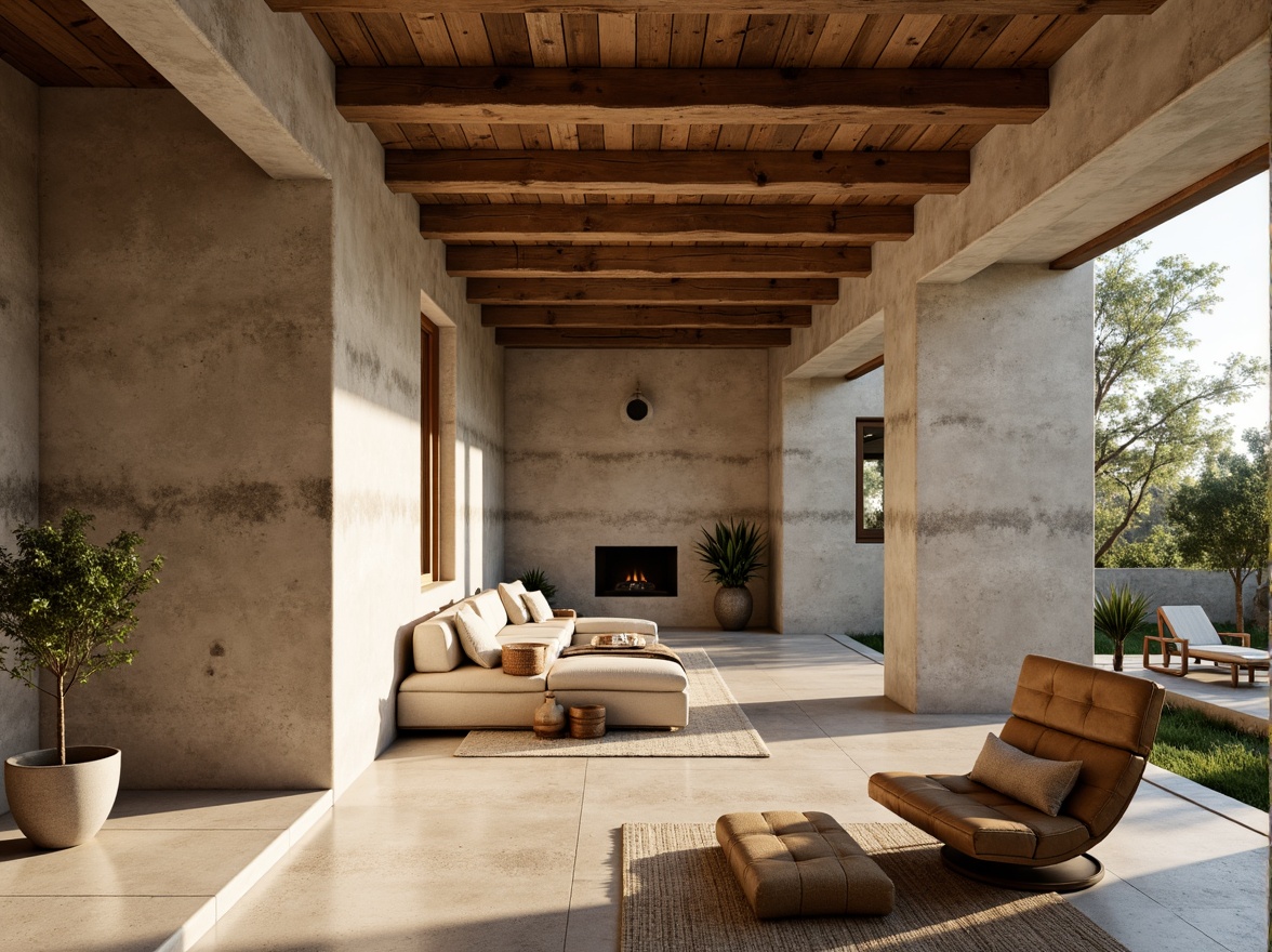 Prompt: Rustic modern villa, rough-hewn plastered concrete walls, earthy tones, natural textures, wooden accents, minimalist decor, cozy ambiance, soft warm lighting, shallow depth of field, 1/1 composition, realistic rendering, ambient occlusion.