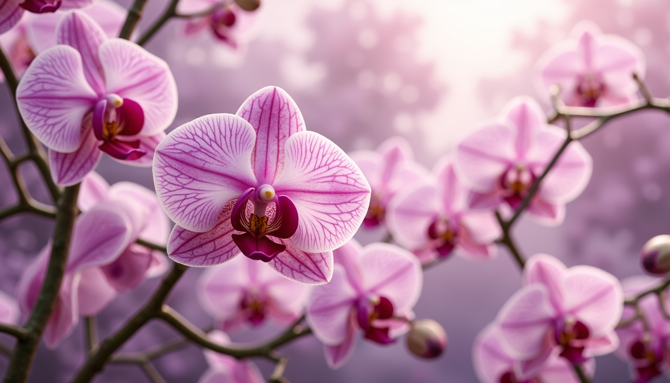 Prompt: Vibrant orchid flowers, delicate petals, soft pastel hues, creamy whites, rich berry tones, subtle pink undertones, luxurious velvety textures, intricate botanical patterns, whimsical illustrations, dreamy atmospheric lighting, shallow depth of field, 1/1 composition, realistic renderings, ambient occlusion.