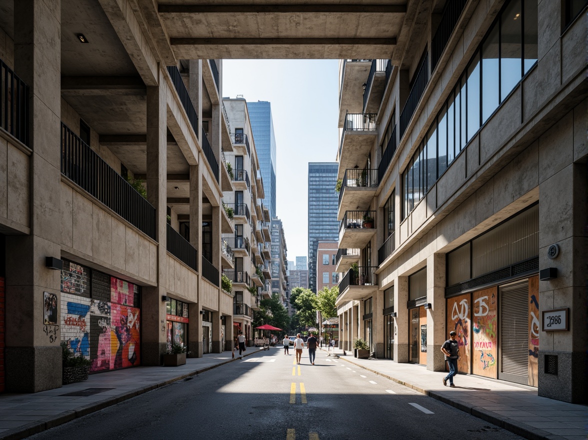 Prompt: Concrete brutalist buildings, rugged textures, industrial materials, urban cityscape, busy streets, modern skyscrapers, vibrant street art, graffiti walls, eclectic neighborhoods, converted warehouses, exposed ductwork, raw concrete columns, minimalist interiors, natural light pouring in, dramatic shadows, 3/4 composition, shallow depth of field, cinematic lighting, gritty urban atmosphere.