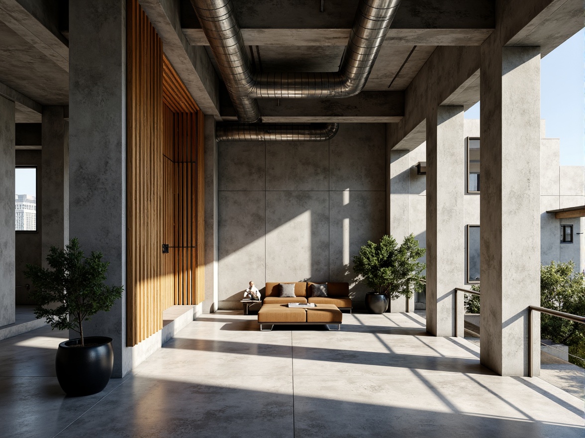 Prompt: Industrial concrete walls, exposed ductwork, reclaimed wood accents, metal beams, functional pipes, monochromatic color scheme, muted industrial tones, bold accent colors, urban loft atmosphere, natural light pouring in, dramatic shadows, high-contrast lighting, abstract geometric patterns, distressed textures, brutalist architecture, functional minimalist decor.