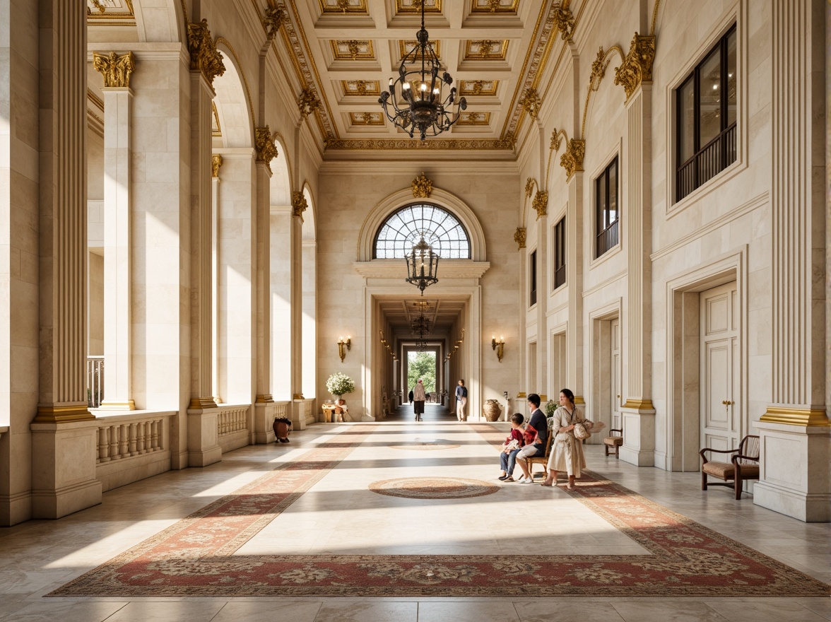 Prompt: Majestic neoclassical building, creamy white marble columns, ornate golden details, soft beige stone walls, richly patterned rugs, elegant chandeliers, tall arched windows, symmetrical facade, subtle shading, warm ambient lighting, 1/2 composition, shallow depth of field, realistic textures, subtle color grading, classical proportions, balanced harmony, sophisticated ornaments.