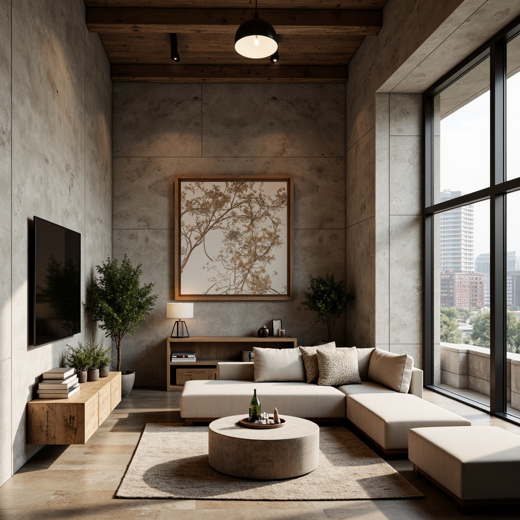 Prompt: Rustic concrete walls, textured plaster finishes, earthy color palette, natural stone accents, industrial-chic aesthetic, modern minimalist decor, sleek metal frames, large glass windows, urban loft atmosphere, warm soft lighting, shallow depth of field, 3/4 composition, realistic textures, ambient occlusion.