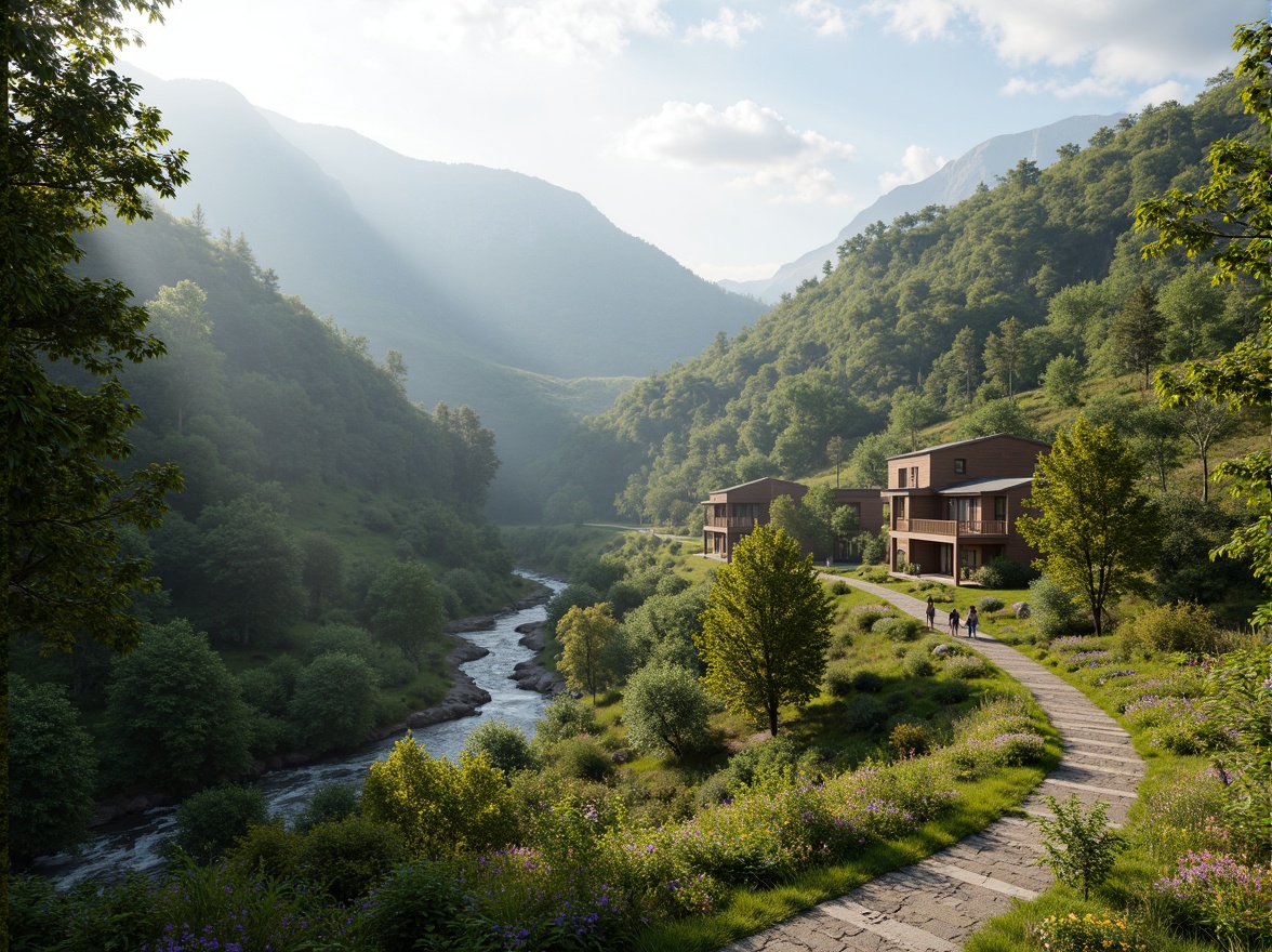 Prompt: Serene valley landscape, lush green hills, meandering rivers, rustic wooden bridges, natural stone walkways, verdant forests, vibrant wildflowers, misty morning atmosphere, soft warm lighting, shallow depth of field, 3/4 composition, panoramic view, realistic textures, ambient occlusion, modern eco-lodge architecture, sustainable design elements, renewable energy systems, green roofs, living walls, organic gardens, outdoor recreational spaces, scenic lookout points, winding hiking trails.