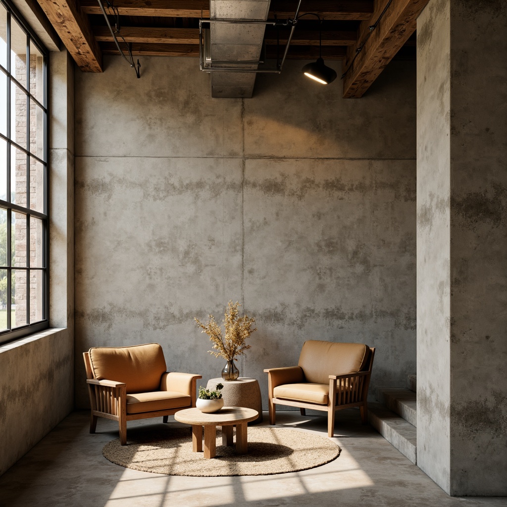 Prompt: Rustic plastered concrete walls, earthy tone, rough texture, natural aggregate, subtle color variation, industrial chic, urban loft atmosphere, reclaimed wood accents, metal beams, exposed ductwork, minimalist decor, warm ambient lighting, shallow depth of field, 1/1 composition, realistic textures, soft shadows.