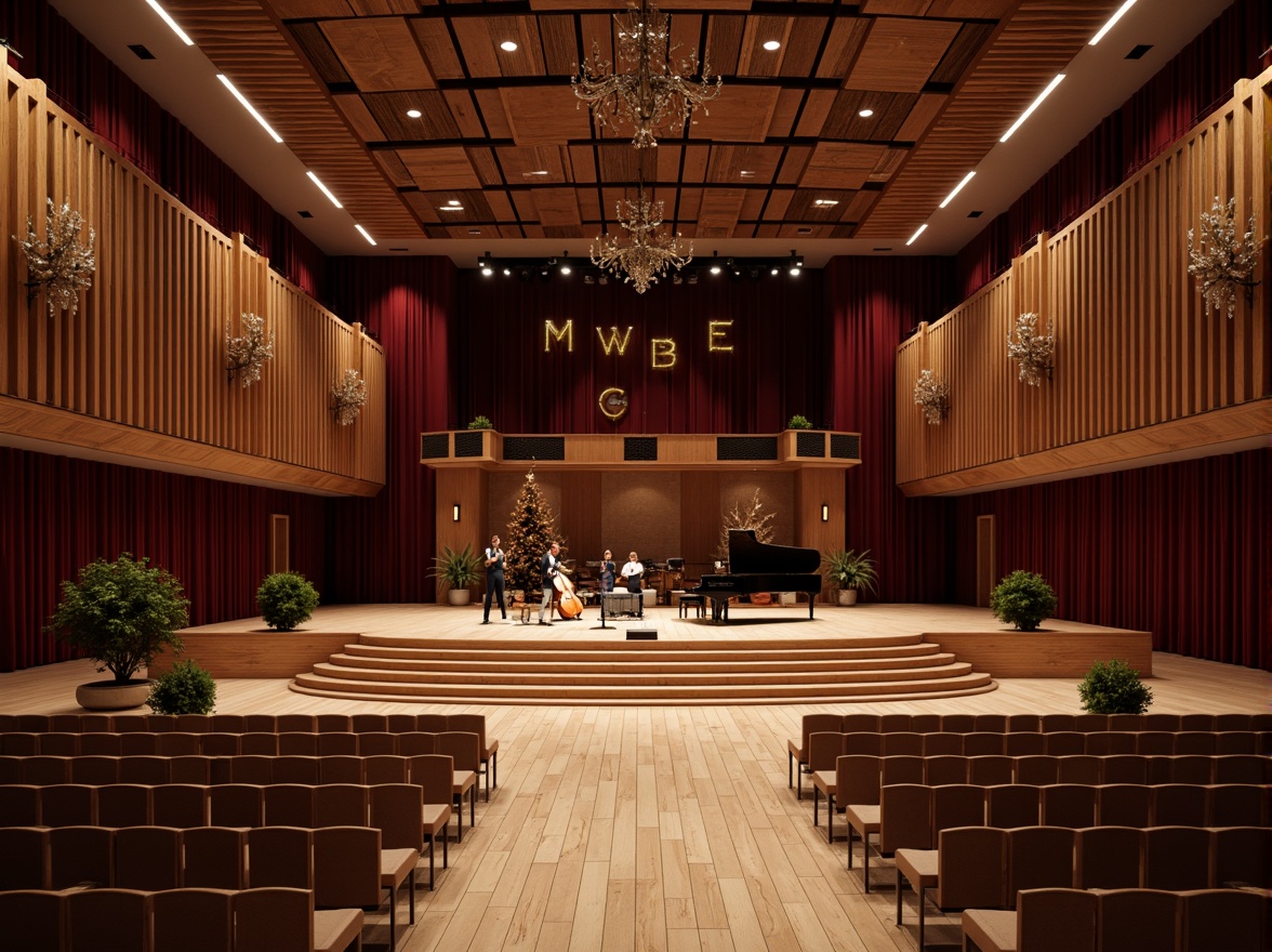 Prompt: Intimate concert hall, wooden flooring, sound-absorbing panels, curved walls, premium seating, ornate chandeliers, grand pianos, spotlights, crimson curtains, acoustic ceilings, soundproofing materials, diffused lighting, shallow depth of field, 1/2 composition, realistic textures, ambient occlusion.