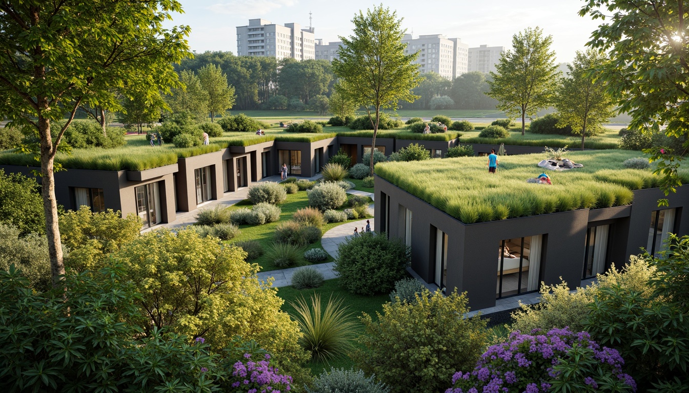 Prompt: Green roofs, lush foliage, natural ventilation systems, operable windows, clerestory windows, skylights, solar tubes, cross-ventilation, wind catchers, air scoops, building orientation, passive design strategies, climate-responsive architecture, sustainable building materials, earthy color palette, organic textures, soft diffused lighting, 1/1 composition, atmospheric perspective, realistic rendering.