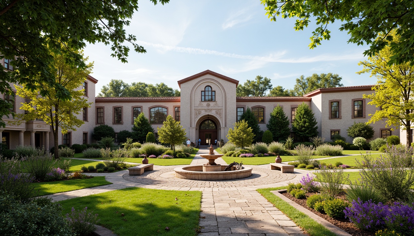 Prompt: Majestic Byzantine-style middle school building, ornate stone carvings, vibrant greenery, lush lawns, blooming flowerbeds, meandering pathways, rustic wooden benches, natural stone walkways, intricate mosaics, ornamental fountains, sunny day, soft warm lighting, shallow depth of field, 3/4 composition, panoramic view, realistic textures, ambient occlusion, Mediterranean-inspired landscaping, olive trees, rose bushes, lavender fields, terracotta pots, decorative lanterns.