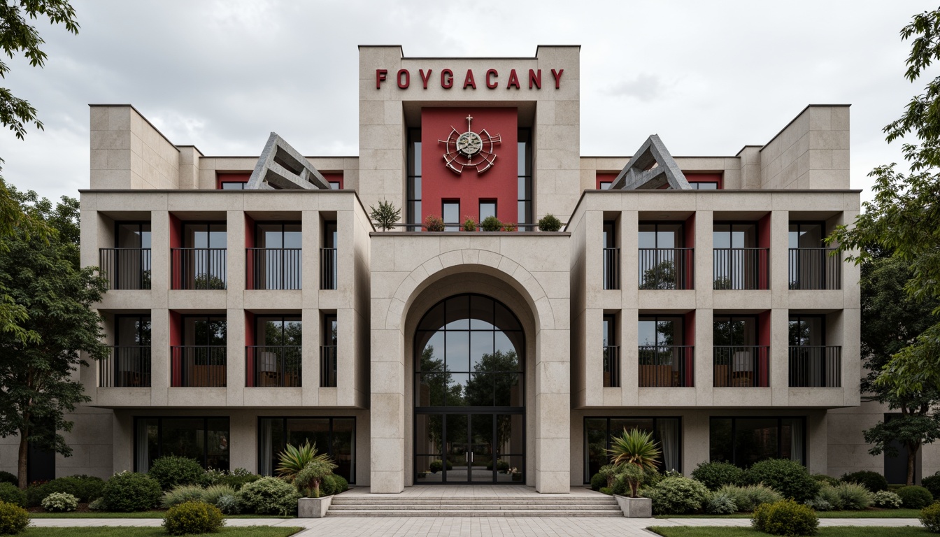 Prompt: Rustic university building, constructivist architecture, brutalist concrete fa\u00e7ade, geometric patterns, abstract sculptures, Soviet-inspired design, bold typography, vibrant red accents, industrial metal railings, modernist clock tower, grand entrance archway, imposing stone columns, minimalist landscaping, overcast sky, dramatic shading, high-contrast lighting, 1/1 composition, symmetrical framing, realistic textures, ambient occlusion.