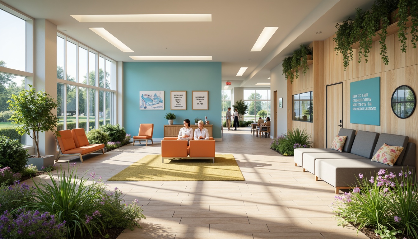 Prompt: Vibrant rehabilitation center, calming blue accents, soothing greenery, natural wood tones, warm beige flooring, gentle indirect lighting, comfortable seating areas, motivational quotes, uplifting artwork, calming water features, peaceful outdoor gardens, accessible ramps, adaptive exercise equipment, modern therapy rooms, private consultation areas, soft pastel colors, energizing yellow hues, stimulating orange accents, relaxing lavender scents, airy open spaces, minimal clutter, organized storage, warm textures, inviting atmosphere, 1/1 composition, shallow depth of field, realistic rendering.