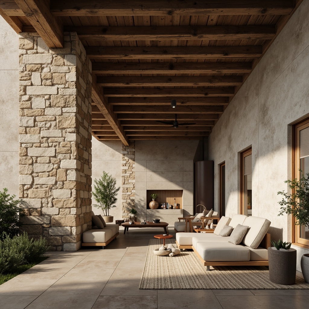 Prompt: Rustic textured concrete walls, earthy color palette, rough-hewn stone accents, distressed wooden beams, industrial metal frames, minimalist interior design, open-plan living space, natural lighting, soft warm ambiance, shallow depth of field, 1/1 composition, realistic textures, ambient occlusion.