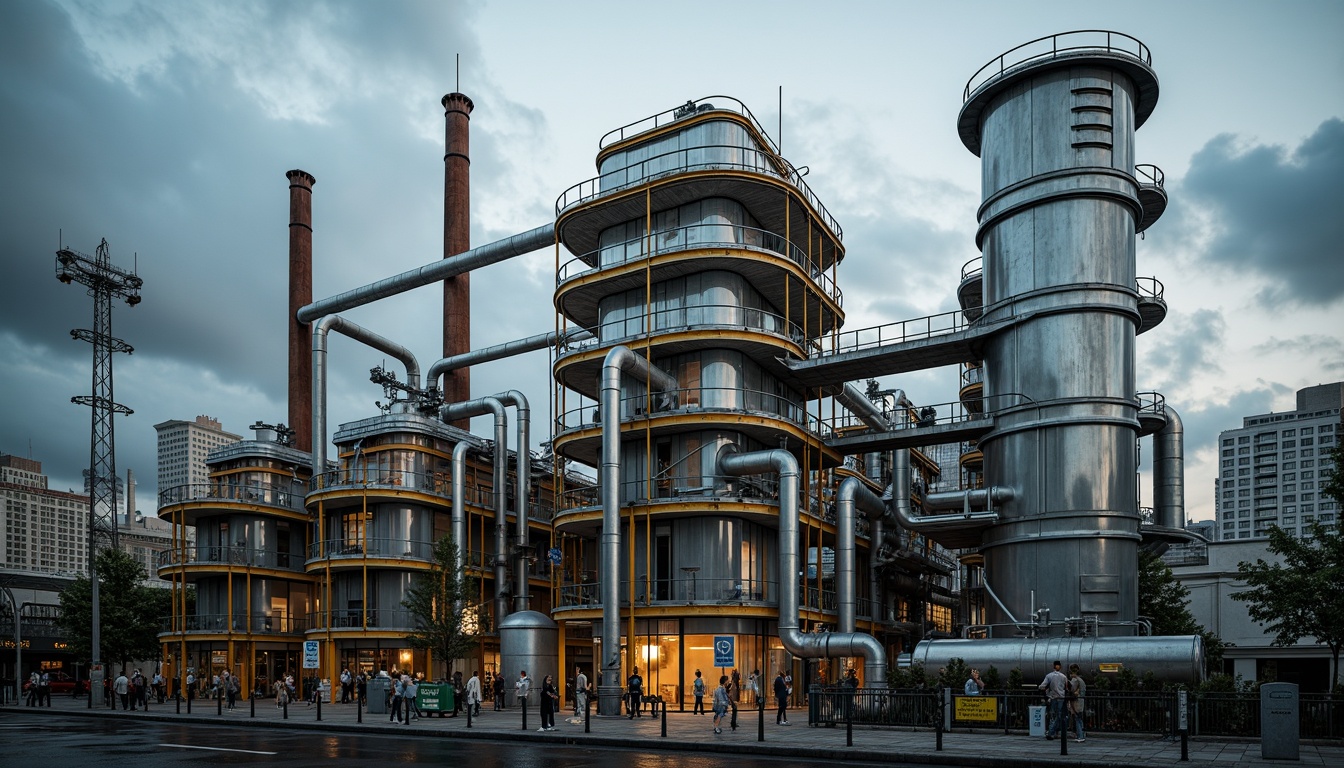 Prompt: Industrial energy plants, metallic structures, exposed pipes, steam vents, functional machinery, safety yellow accents, warning signs, concrete foundations, urban landscapes, dramatic skies, bold contrast lighting, high-contrast ratio, 1/2 composition, realistic reflections, ambient occlusion, rusted metal textures.