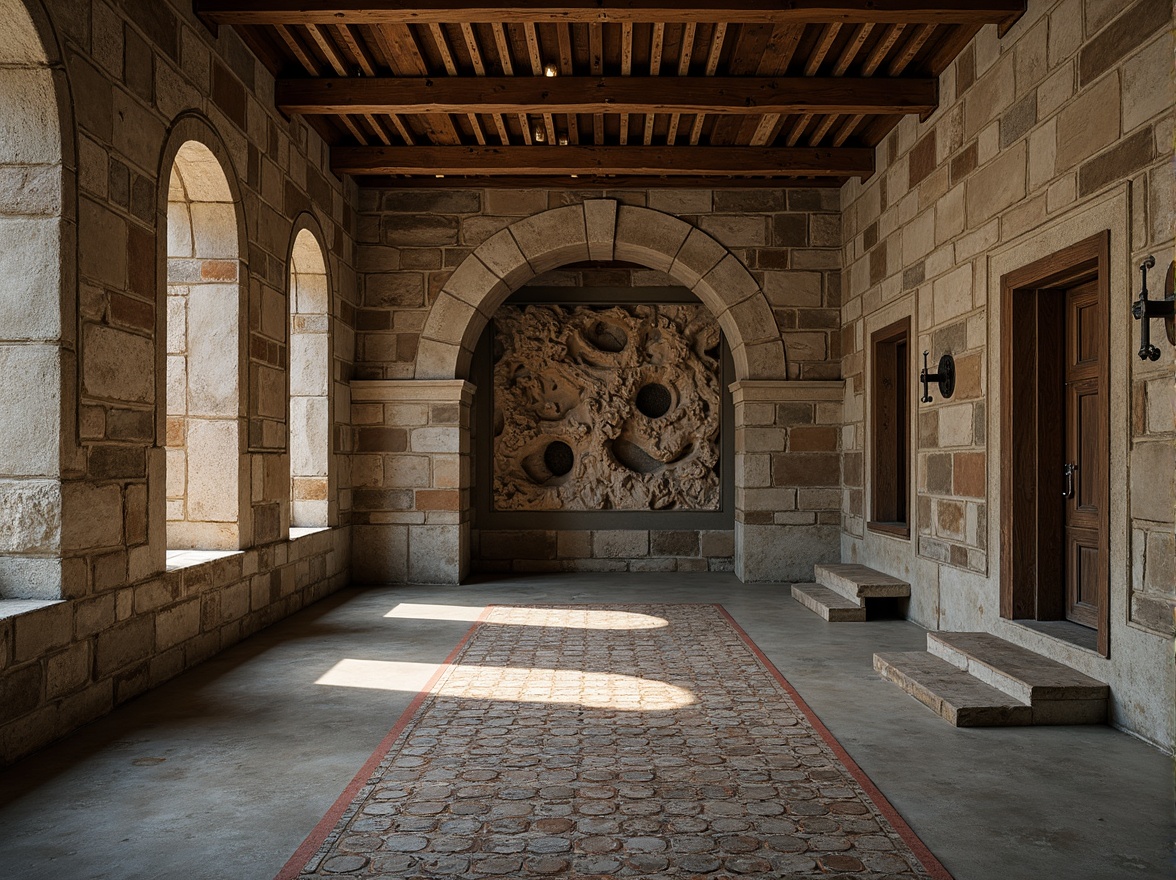 Prompt: Rough stone walls, worn wooden planks, rusty metal grids, distressed concrete floors, peeling paint, faded murals, intricate tile mosaics, ornate carvings, natural rock formations, earthy tones, warm ambient lighting, shallow depth of field, 1/1 composition, realistic textures, ambient occlusion.