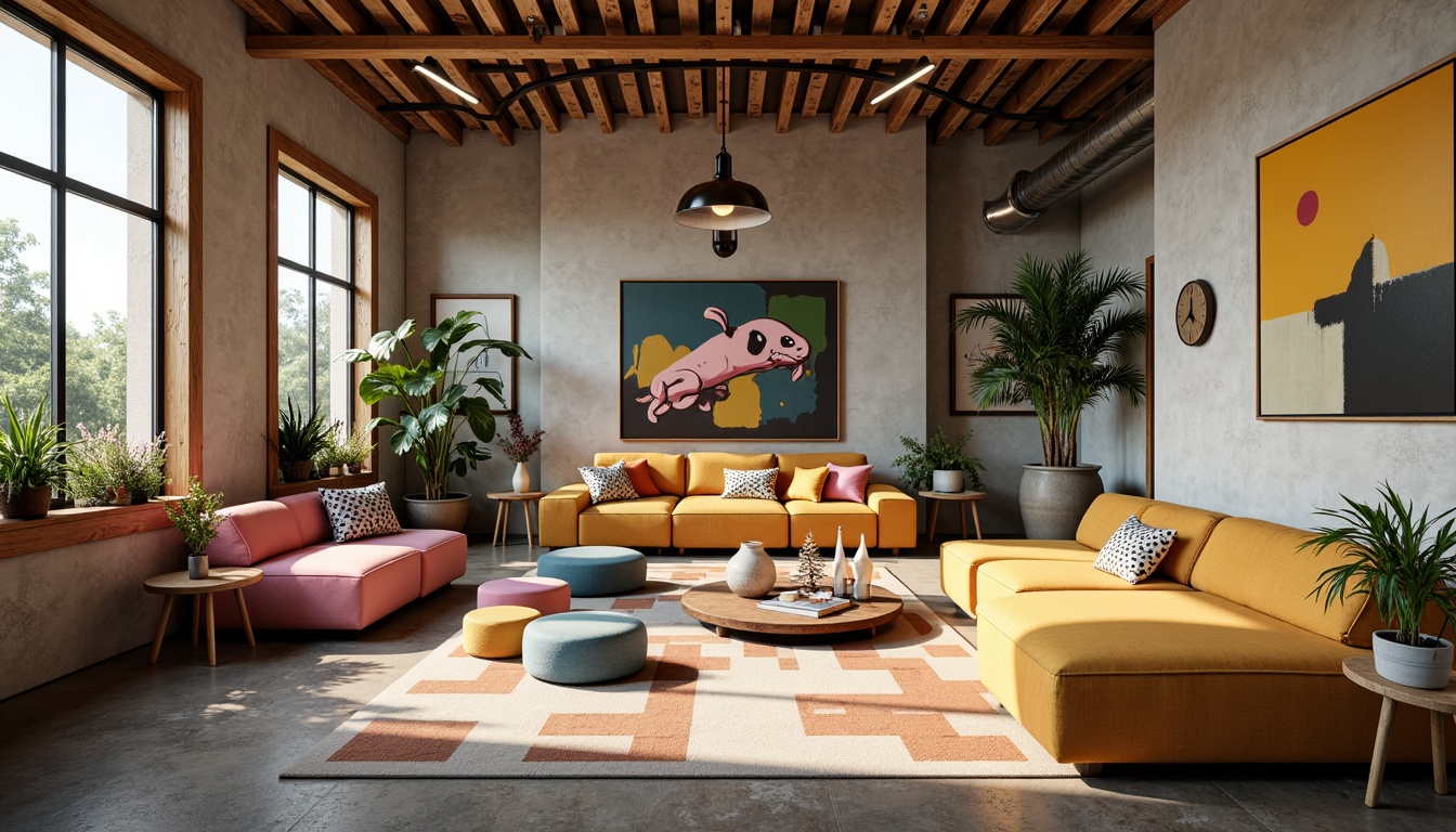 Prompt: Vibrant design studio, modern interior space, eclectic furniture pieces, bold colorful accents, natural wood textures, industrial metal fixtures, abstract artwork, geometric patterns, pastel color scheme, soft warm lighting, atmospheric ambiance, shallow depth of field, 1/1 composition, realistic textures, ambient occlusion.