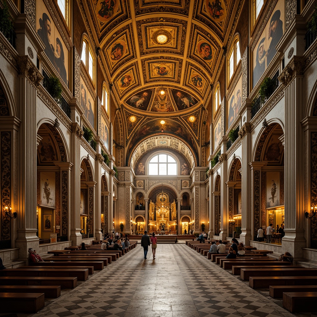 Prompt: Intricate dome structures, ornate golden mosaics, richly patterned marble floors, majestic arches, grandiose ceilings, vibrant frescoes, elaborate stone carvings, sacred Christian icons, solemn atmosphere, soft warm lighting, shallow depth of field, 1/1 composition, realistic textures, ambient occlusion.