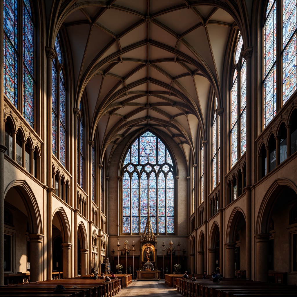 Prompt: Grand cathedral interior, stained glass windows, kaleidoscope colors, vaulted ceilings, ribbed arches, flying buttresses, ornate stone carvings, intricate tracery patterns, majestic pillars, atmospheric lighting, soft warm glow, dramatic shadows, high contrast ratio, 1/2 composition, symmetrical framing, rich textures, ambient occlusion.