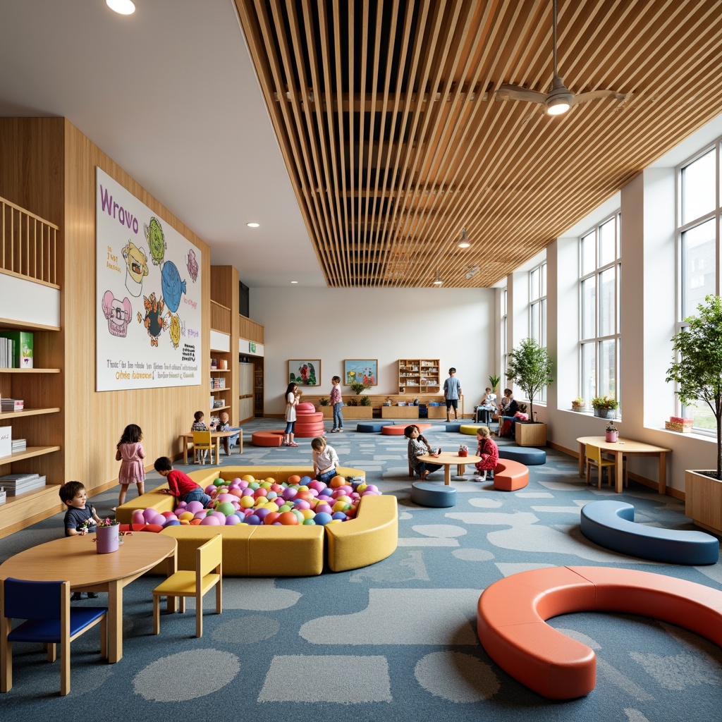 Prompt: Vibrant kindergarten, playful ball pits, colorful soft blocks, interactive whiteboards, collaborative learning tables, cozy reading nooks, educational posters, stimulating sensory walls, natural wood accents, circular gathering spaces, flexible seating arrangements, abundant natural light, warm soft flooring, immersive audio systems, dynamic projection displays, creative art stations, engaging play structures, gentle color schemes, ergonomic furniture designs.