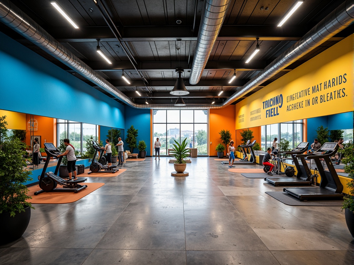 Prompt: Vibrant gym interior, energetic color scheme, bold accent walls, motivational quotes, industrial metal beams, polished concrete floors, modern LED lighting, sleek exercise equipment, dynamic mirrors, refreshing greenery, revitalizing aroma, high-ceiling windows, natural daylight, warm wooden accents, calming blue tones, invigorating orange hues, stimulating yellow shades, futuristic architectural design, panoramic views, realistic textures, ambient occlusion.