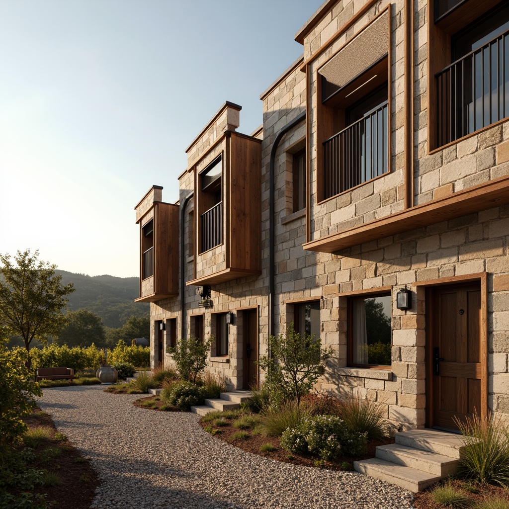 Prompt: Rustic winery, deconstructivist facade, fragmented stone walls, irregular metal frames, asymmetrical windows, distressed wood accents, earthy tones, vineyard views, rolling hills, sunny afternoon, warm golden lighting, shallow depth of field, 1/2 composition, dramatic shadows, realistic textures, ambient occlusion, natural stone pathways, crushed gravel, weathered wooden doors, industrial-style lighting fixtures, reclaimed wood cladding.