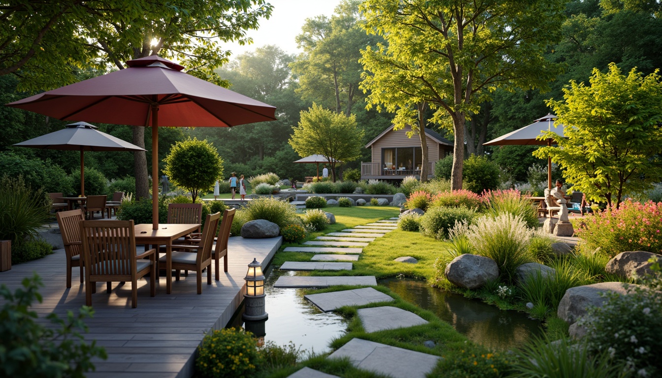 Prompt: Serene backyard oasis, lush greenery, vibrant flowers, natural stone pathways, wooden decks, outdoor furniture, umbrellas, lanterns, birdhouses, garden statues, tranquil water features, soft warm lighting, shallow depth of field, 3/4 composition, panoramic view, realistic textures, ambient occlusion.