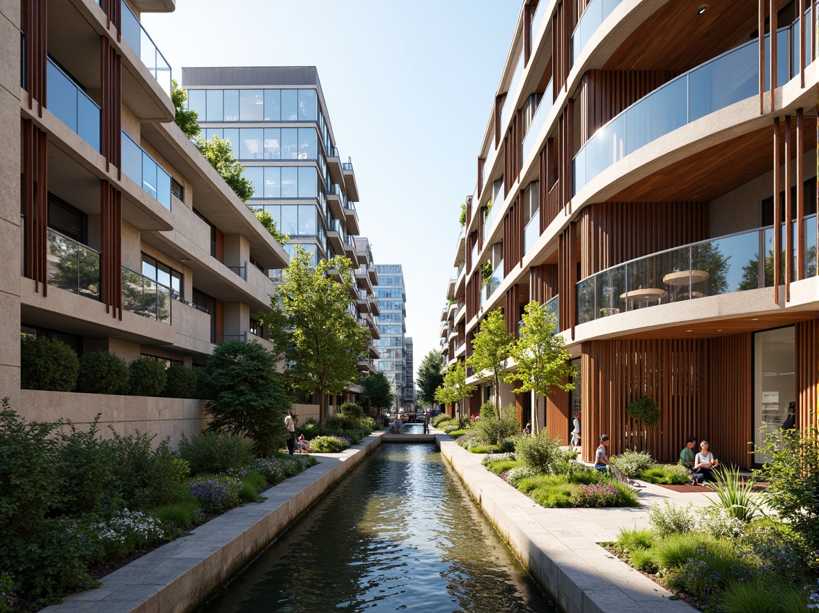 Prompt: Riverbank buildings, modern facade design, reflective glass surfaces, cantilevered balconies, rust-colored metal accents, natural stone cladding, curved lines, asymmetrical composition, waterfront promenade, lush greenery, vibrant flowers, sunny day, soft warm lighting, shallow depth of field, 3/4 composition, panoramic view, realistic textures, ambient occlusion.